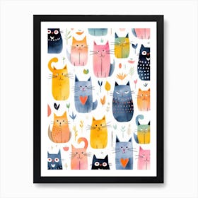 Watercolor Cats Pattern Art Print