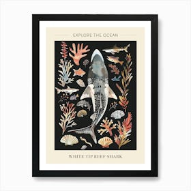 White Tip Reef Shark Seascape Black Background Illustration 2 Poster Art Print