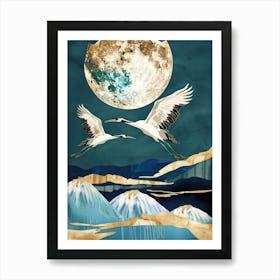 Cranes Flying Gold Blue Effect Collage 3 Art Print