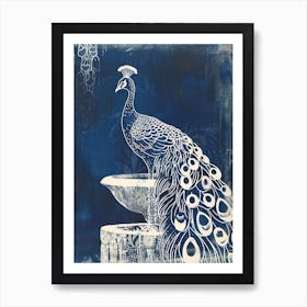 Navy Blue Linocut Inspired Peacock In A Fountain 2 Art Print