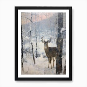 Vintage Winter Animal Painting Black Tailed Deer 2 Art Print