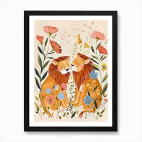 Folksy Floral Animal Drawing Lion Art Print