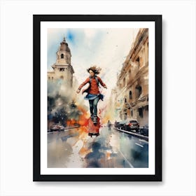 Girl Skateboarding In San Francisco, United States Watercolour 4 Art Print