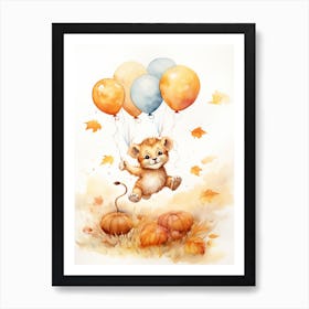 Lion Flying With Autumn Fall Pumpkins And Balloons Watercolour Nursery 4 Art Print