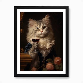 Cat Drinking Wine Rococo Style 6 Art Print