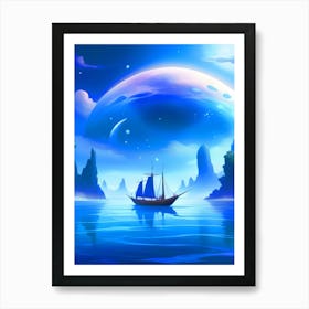 Boat In A Glowing Ocean Art Print