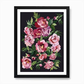 Happy Peony Dark Coal Background Art Print