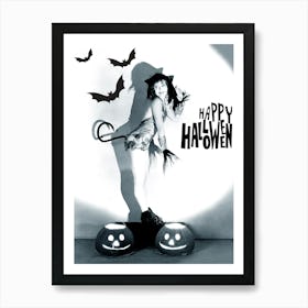 Sexy Pin Up Girl Posing With Bats And Pumpkins Art Print