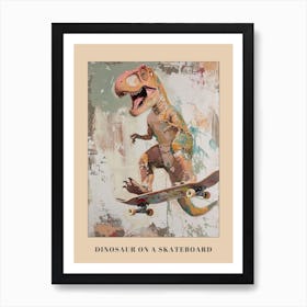 Mustard Tones Dinosaur On A Skateboard 3 Poster Art Print