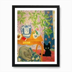 Henri Matisse Style, Interior With Dog And Black Cat Art Print