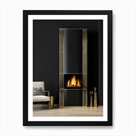 Geometric Fireplace Black Polished Surface Brass Accents Narrow Brass Shelves Displaying Decorati Art Print