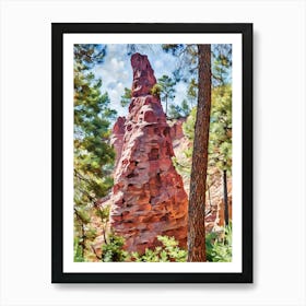 Ochres Land Majestic Cliffside Forest. This image showcases a stunning cliffside landscape adorned with lush green trees. The rocky formations exhibit a range of warm hues, from sandy yellows to deep reds, creating a striking contrast against the vibrant blue sky. The scene captures the beauty of nature's rugged terrain and the resilience of trees growing on steep, rocky surfaces. 5 Art Print