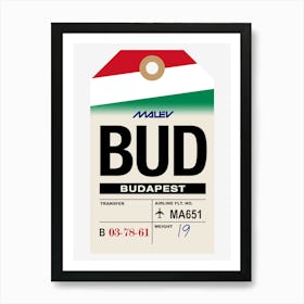 Budapest (BUD) Hungary Vintage Airline Luggage Tag Art Print