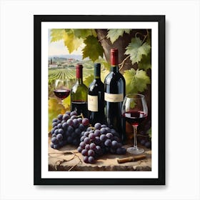 Vines,Black Grapes And Wine Bottles Painting (10) Art Print