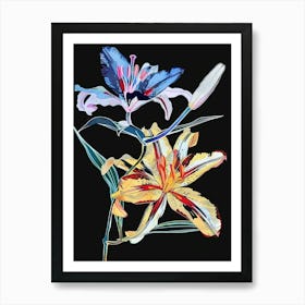 Neon Flowers On Black Lily 1 Art Print