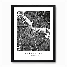 Amsterdam Netherlands Minimal Black Mono Street Map  Art Print