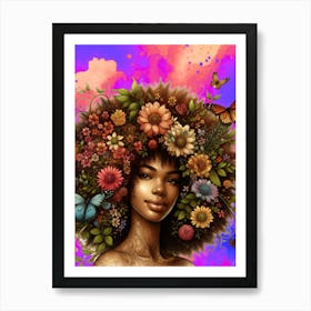 Afro, hair, kinky hair, butterflies , flowers, colorful art, African woman, Afrofuturism Art Print