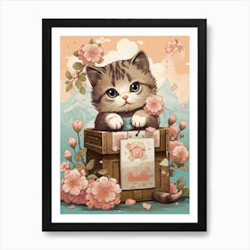 Kawaii Cat Drawings Collecting Stamps 1 Art Print