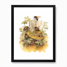 Digger Bee Beehive Watercolour Illustration 4 Art Print