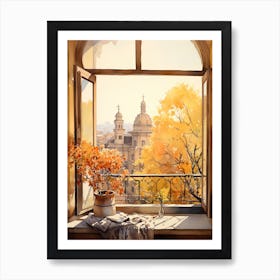 Window View Of Sofia Bulgaria In Autumn Fall, Watercolour 4 Art Print