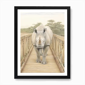Rhino Walking Across A Wooden Bridge Illustration 3 Art Print