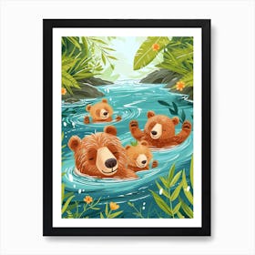 Brown Bear Family Swimming In A River Storybook Illustration 1 Art Print