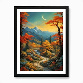Woodland Trail Forest Outdoors Nature Moon Mountains Pathway Landscape Scene Fall Autumn Leaves Trees Foliage Path Sunset Woods Twilight Art Print