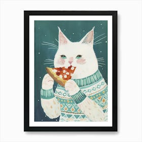 Cute White Cat Eating Pizza Folk Illustration 4 Art Print