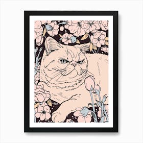 Cute Exotic Shorthair Cat With Flowers Illustration 1 Art Print