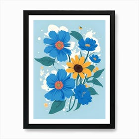 Beautiful Flowers Illustration Vertical Composition In Blue Tone Art Print