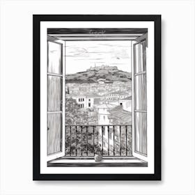Window View Of Athens Greece   Black And White Colouring Pages Line Art 4 Art Print