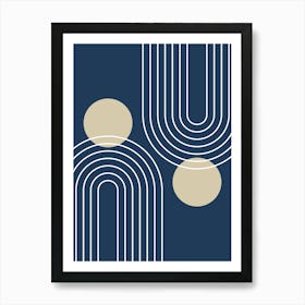 Mid Century Modern Geometric In Navy Blue And Beige (Rainbow And Sun Abstract) 01 Art Print
