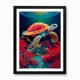 A Single Sea Turtle In Coral Reef, Sea Turtle Primary Colours 2 Art Print