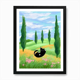 Black Cat Field Trees Art Print