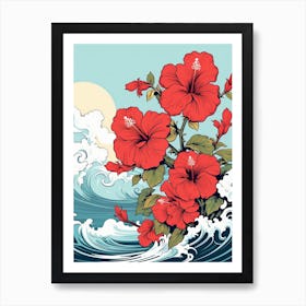 Great Wave With Hibiscus Flower Drawing In The Style Of Ukiyo E 3 Art Print