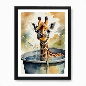 Giraffe In Water Art Print