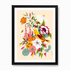 Screen Print Florals With Pirol And Butterflies Art Print