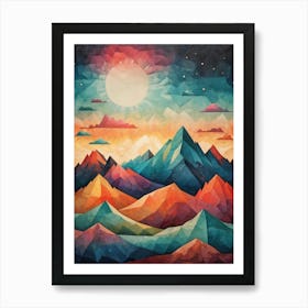 Minimalist Sunset Low Poly Mountains (23) Art Print