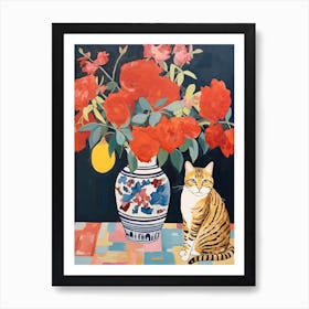 Rose Flower Vase And A Cat, A Painting In The Style Of Matisse 11 Art Print