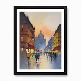 Rainy Day In Prague, Acquerello paesaggio Urban Italian Rome or Milan Art Print