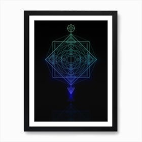 Neon Blue and Green Abstract Geometric Glyph on Black n.0159 Art Print