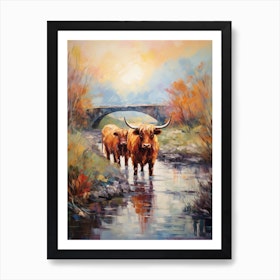 Two Highland Cows Walking Down The River Art Print