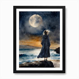 "Dissipate" A Grey Witch Allows the Ocean and Wind to Take her Worries Away and the Goddess of the Moon Illuminate Her Path - Pagan Witchcraft Yoga Fairytale Original Watercolor by Lyra the Lavender Witch - Air Element Drawing Down the Full Moon Art Print