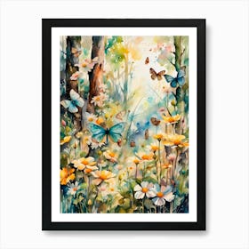 Watercolour Butterflies in Woodland Glade I Art Print