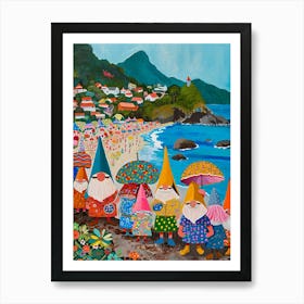 Kitsch Folk Painting Of Gnomes On The Beach 1 Art Print