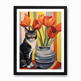 Amaryllis Flower Vase And A Cat, A Painting In The Style Of Matisse 2 Art Print