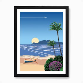 Cyprus. Beach with boat, sunrise — City Pop art, retrowave/vaporwave poster, 80s, aesthetic poster Art Print