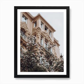 Pink Flowers And The Mansion St Sebastian, Spain Art Print