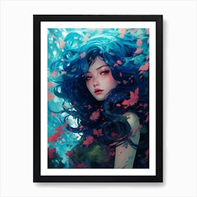 Blue Haired Girl in lush spring garden Art Print