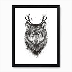 Deer Wolf Blackandwhite Art Print